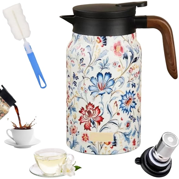Vintage Floral Pattern Tea-Built-In Infuser, 1500ml-50oz Large Teapot with Detachable Tea Leaf Holder and Lid, Stainless Steel Thermal Carafe for Home Office (A)