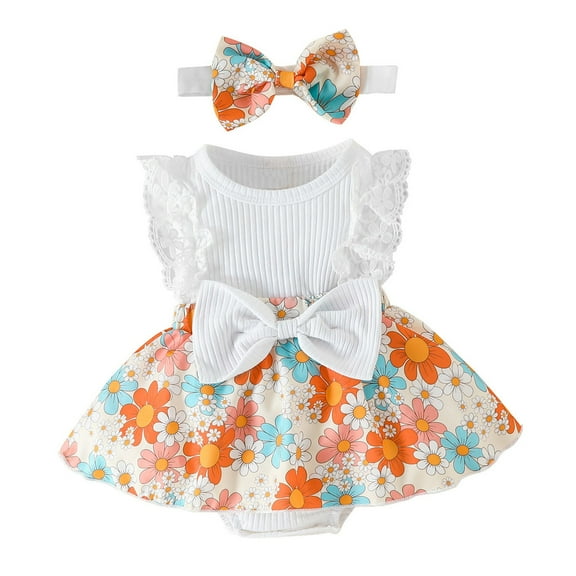 TEDOYE Toddler Girls Sleeveless Flower Print Romper Bodysuit With Headbands For Children Clothes Holiday Wear, 3-6 Months