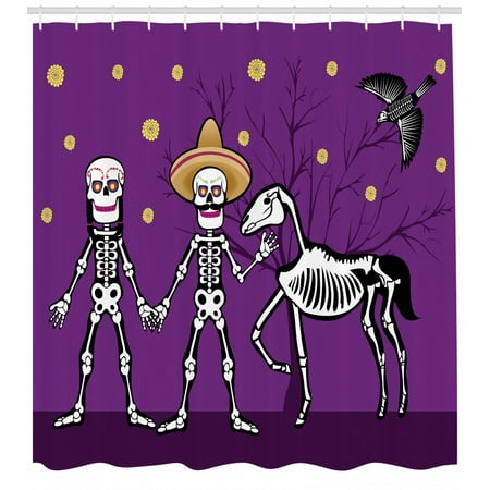 Wifey Shower Day of the Dead Shower Curtain, Husband and Wife Skeletons Holding Hands Dead Horse and a Bird, Fabric Bathroom Set with Hooks, 69W X 70L Inches, Purple Yellow and Black, by Ambesonne ()