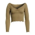 thumbnail image 5 of Women's Spring Fitted Crop Tops Long Sleeve V Neck Ribbed Knit Ruffle Slim T-shirt, 5 of 6