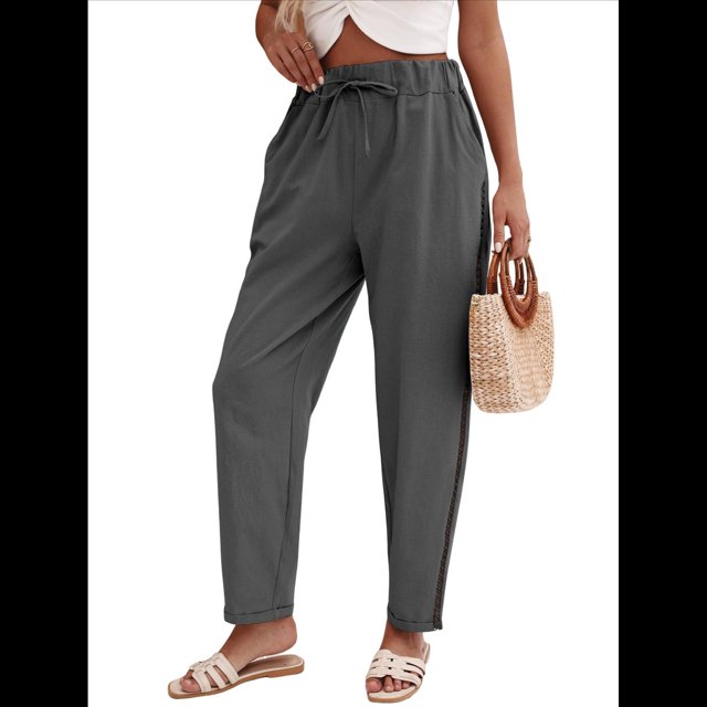 Pantalones de con Cordón Ajustable para Mujer, Pantalones de Playa de Verano con Cintura Elástica. Gris XL