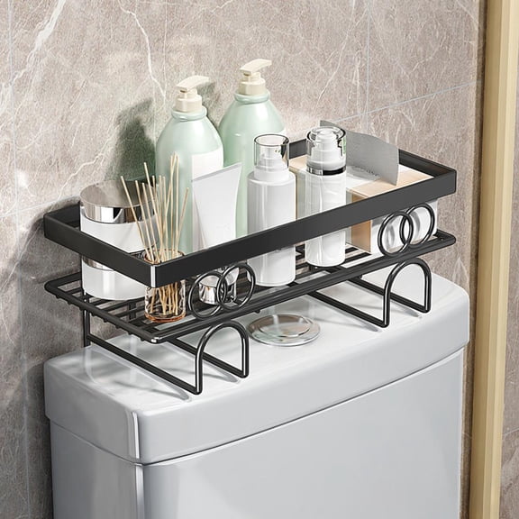 Senfot 1-Tier Over Toilet Storage Shelf, Punch-Free Bathroom Organizer Rack with No Drill Adhesive Hook, Space-Saving Black Design