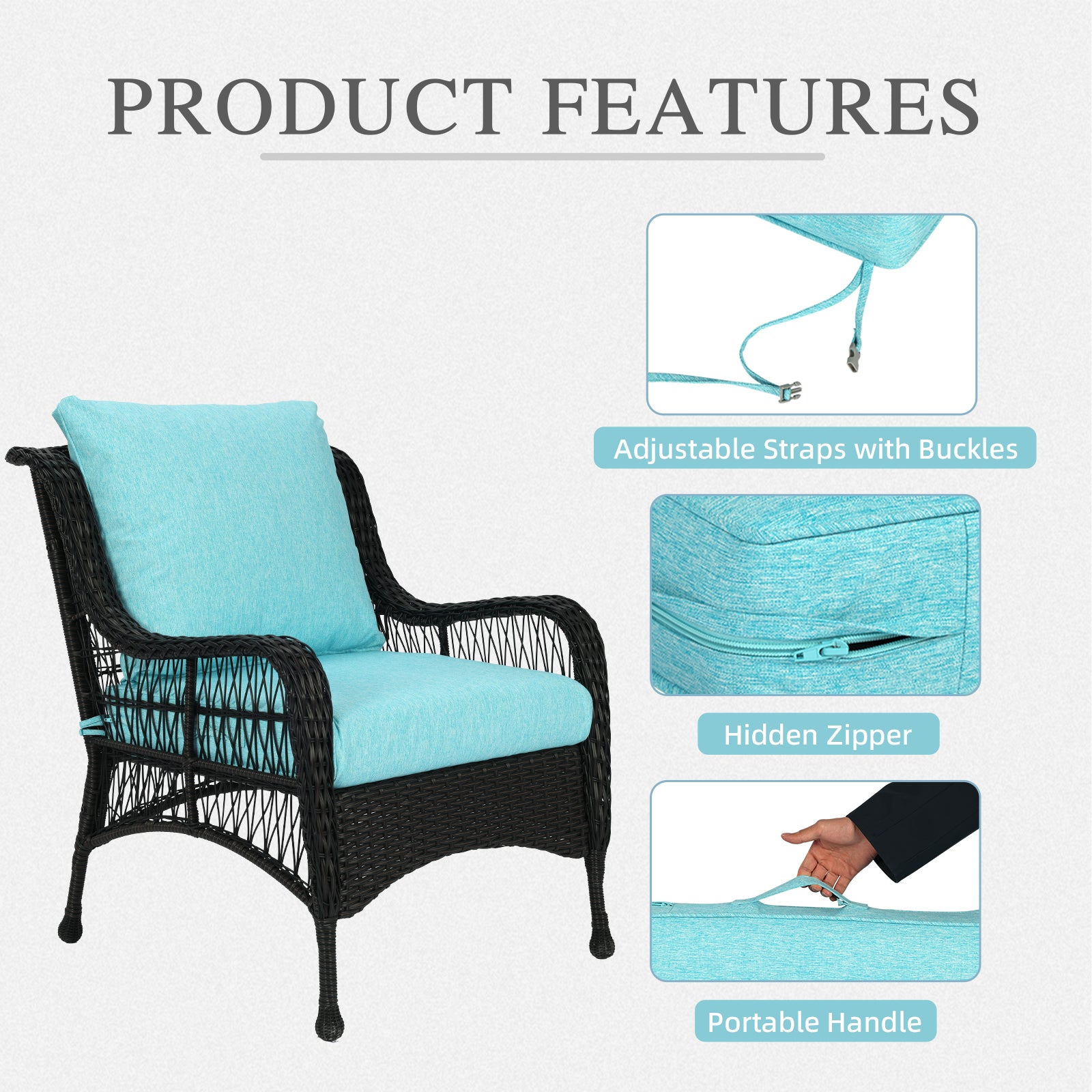 Aoodor 19" x 19" Patio Deep Seat Cushion Set, Water Resistant & Fade Resistant Outdoor Furniture Cushions with Adjustable Straps for Patio, Deck, Garden