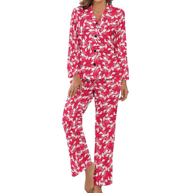 Ensembles de Pyjama pour Femmes Imprimé Homards Pyjamas Mode Rose et Bleu Vêtements de Nuit Printemps Manches Longues 2 Pcs Décontracté