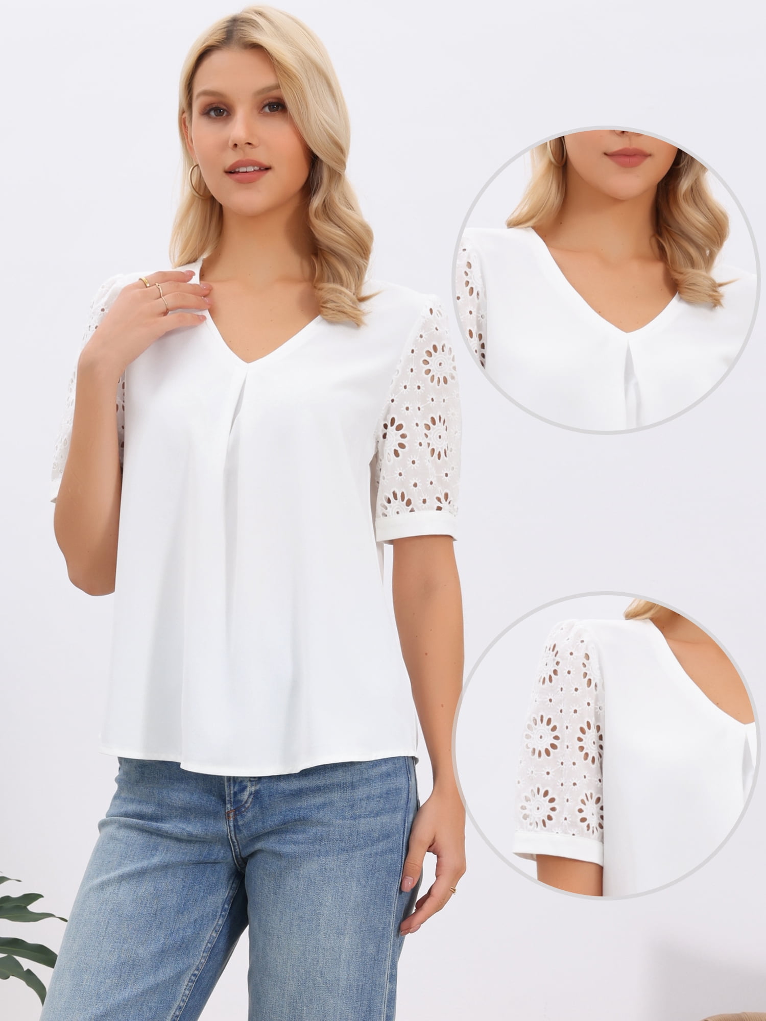 DARING DIVA Women's Lace Sleeve Blouses V Neck Cutout Short Sleeve Dressy Tops S White