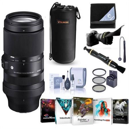 100-400mm f/5-6.3 DG DN OS Contemporary Lens for Sony E  Bundle with 67mm Filter Kit  PC Software Kit  Cleaning Kit  Lens Wrap  Flex Lens Shade  Lens Cap Tether  Cleaner  Lens Pouch