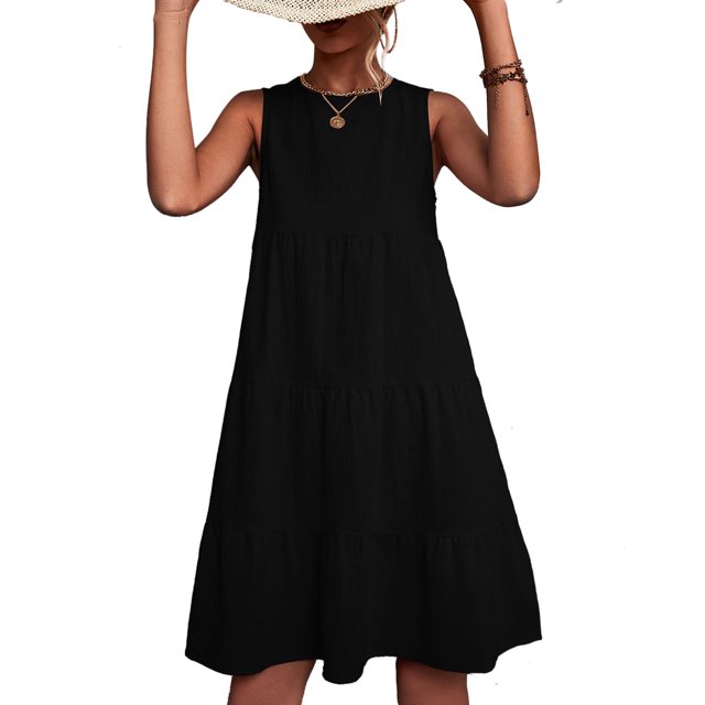 Vestido con gradas con cuello redondo para mujer, vestido sin mangas con dobladillo suelto, informal, elegante, liso, para fiesta, vida diaria, negro S