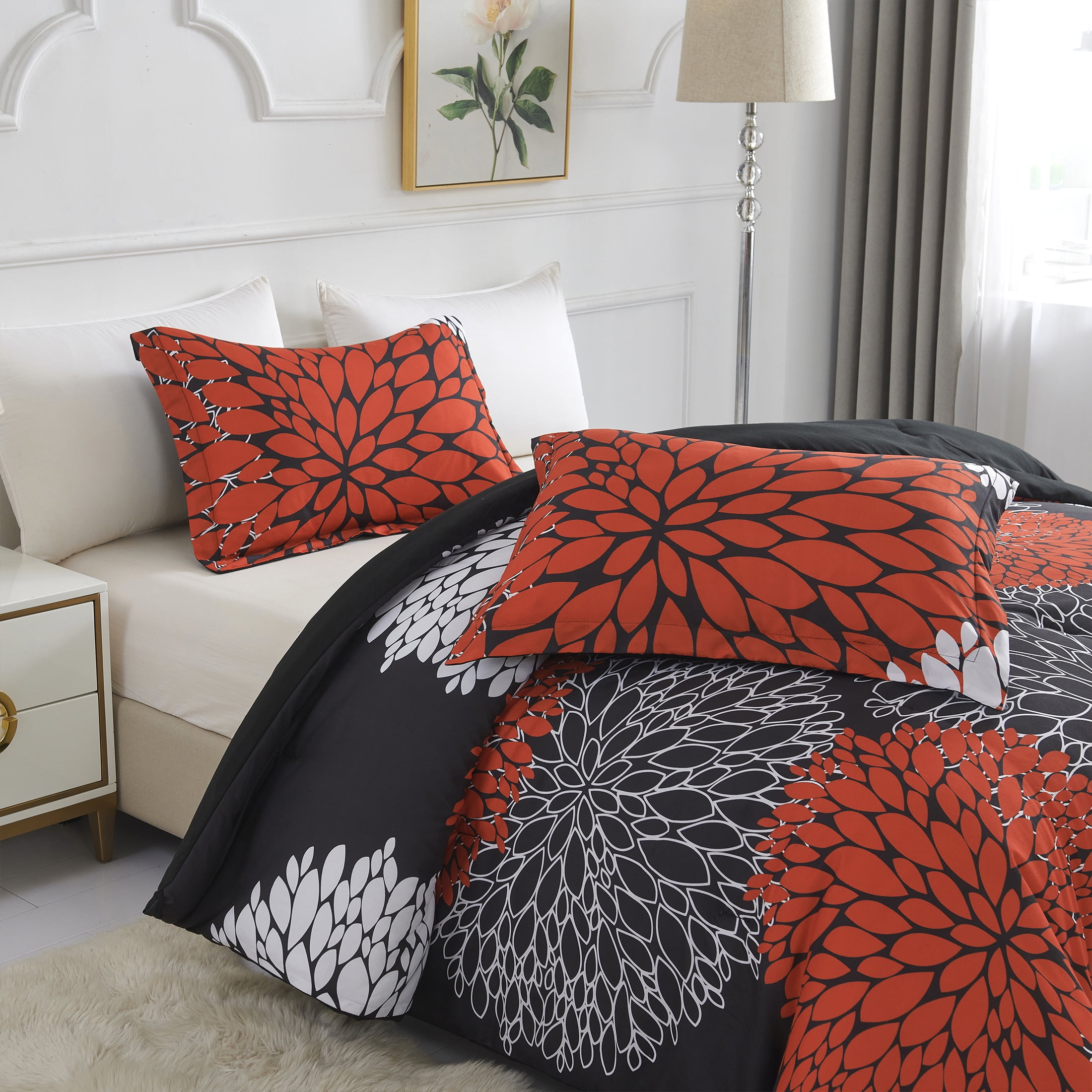 Koniroom Red and Black Floral Comforter Set Queen Size, Modern Bedding for Women