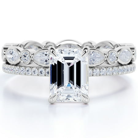 JeenMata 2 Carat Emerald Cut Moissanite Bridal Ring Set with Infinity Band in 18k White Gold Over Silver