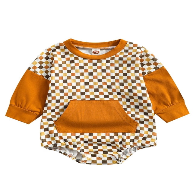 Combinaison d'Automne pour Bébé, Imprimé Damier, Manches Longues, Col Contrasté, avec Poche pour Garçons et Filles
