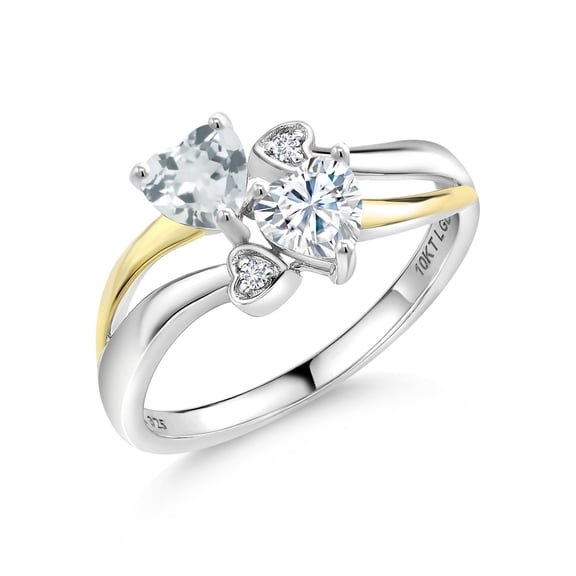 Gem Stone King 925 Silver and 10K Yellow Gold Sky Blue Aquamarine and White Moissanite and White Lab Grown Diamond Ring for Women (0.86 Cttw, March Birthstone, Heart Shape 5MM, Size 6)
