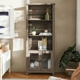 thumbnail image 3 of BizChair Modern Farmhouse Wooden Bookcase and Storage Cabinet with Tempered Glass Doors and 3 Upper Shelves in Gray Wash, 3 of 11