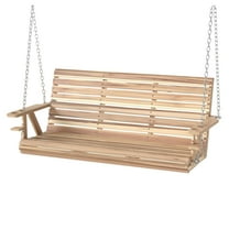 KWUXIN 3-Seater Wooden Porch Swing Bench with Cupholders & Hanging Chains, Natural Wood Look for Patio or Garden