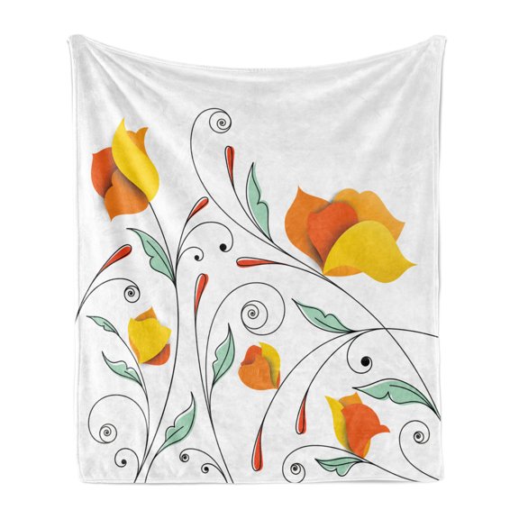 Floral Soft Flannel Fleece Throw Blanket, Bouquet with Swirled Branches Romantic Paper Flowers Origami Autumn Blooms Image, Cozy Plush for Indoor and Outdoor Use, 50" x 70", Mint Orange, by Ambesonne
