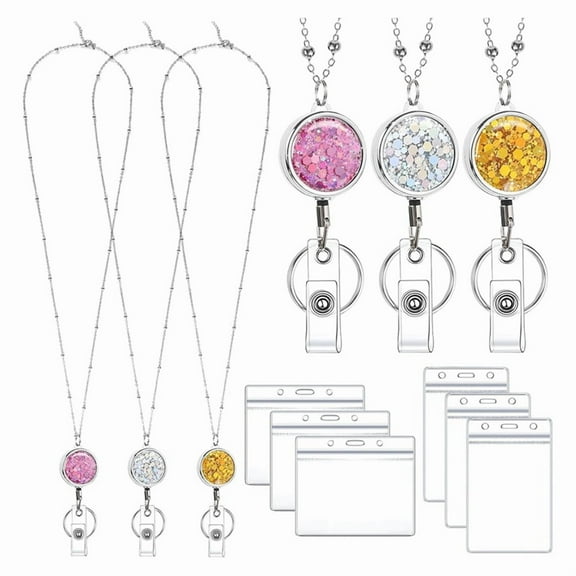 3 Pack Women Lanyards for Id Badges with 6 Pcs Id Badge Holder for Women Cruise Lanyards Stainless Steel Glitter