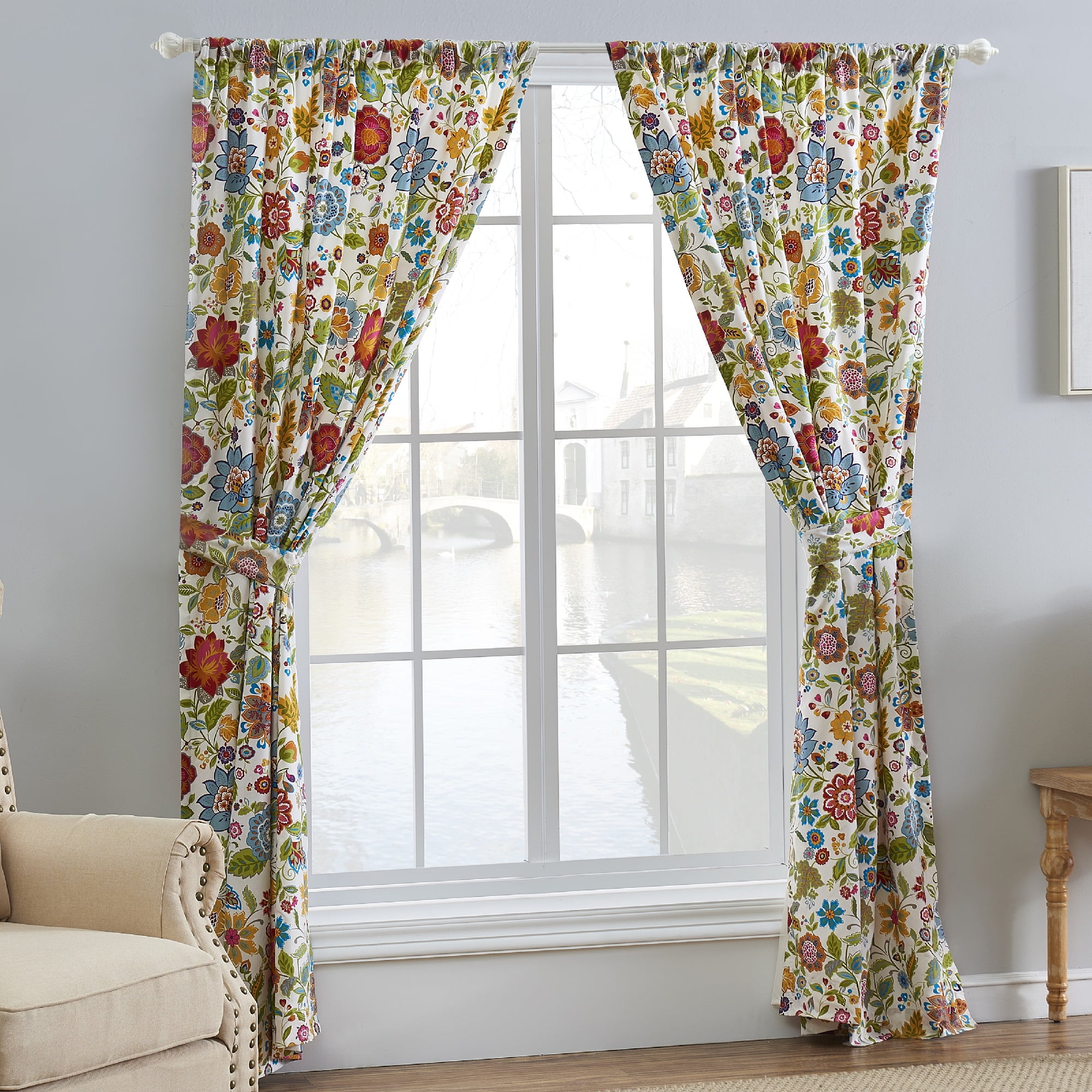Global Trends Amanda Floral Curtain Panel, Set of 2, 84-inch L, White