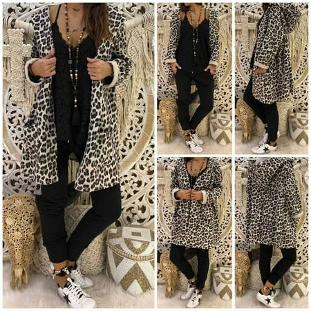 Fashion Newly Women Leopard Print Hooded Long Coat Cardigan Loose Long Sleeve Casual Ladies Outwear Jacket