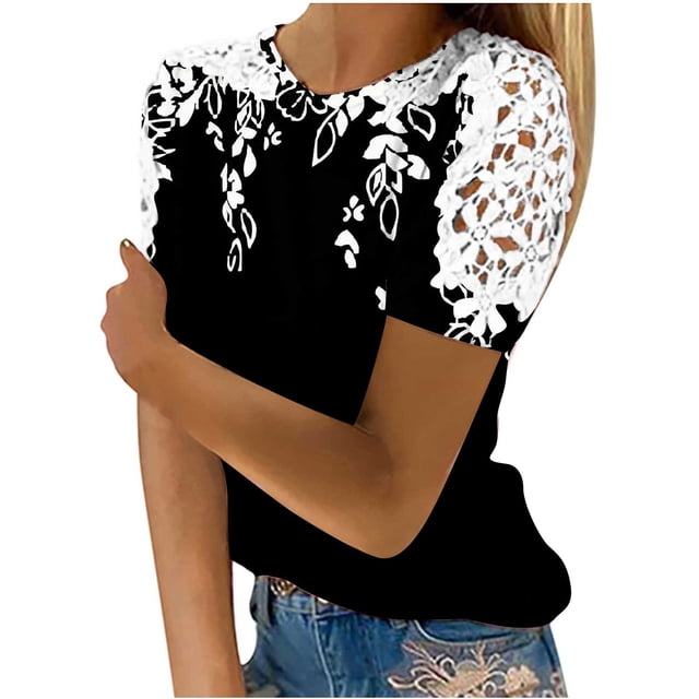 Camisas de Manga Corta para las Mujeres Impresión Cuello Redondo Suéter Encaje Camisa, Blusa de Verano Casual para las Mujeres