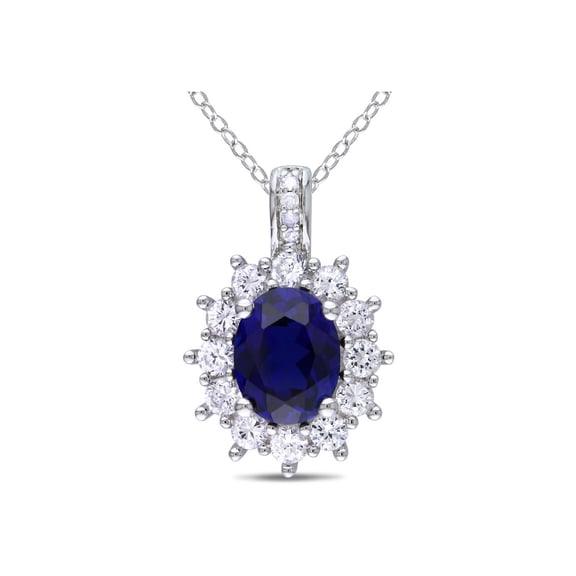 Lab-Created Blue & White Sapphire Pendant Necklace with Accent Diamonds 4.0 Carat (Ctw) in Sterling Silver for Women
