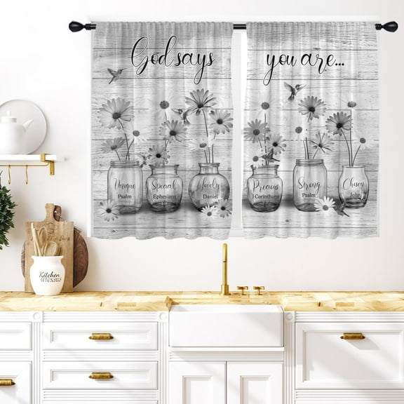 Black and White Floral Kitchen Window Curtains 27.5 x 39 Inch Small Short Mini Cafe Rod Pocket Farmhouse Rustic Country Daisy Living Bedroom Home Treatment Set of 2 Curtain Panels Drapes Tiers