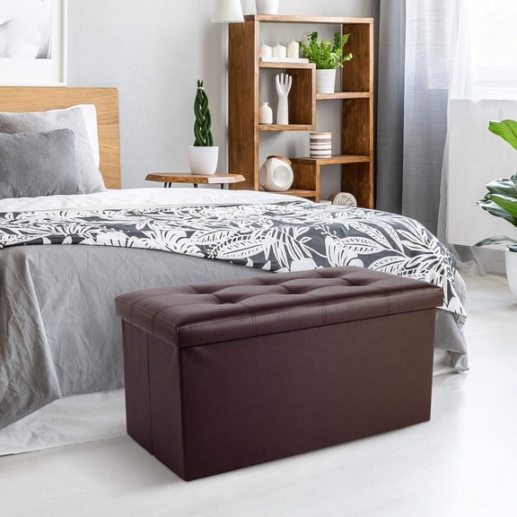 Large Storage Ottoman with Lid - Folding Leather Footrest for Bedroom Living Room, Brown