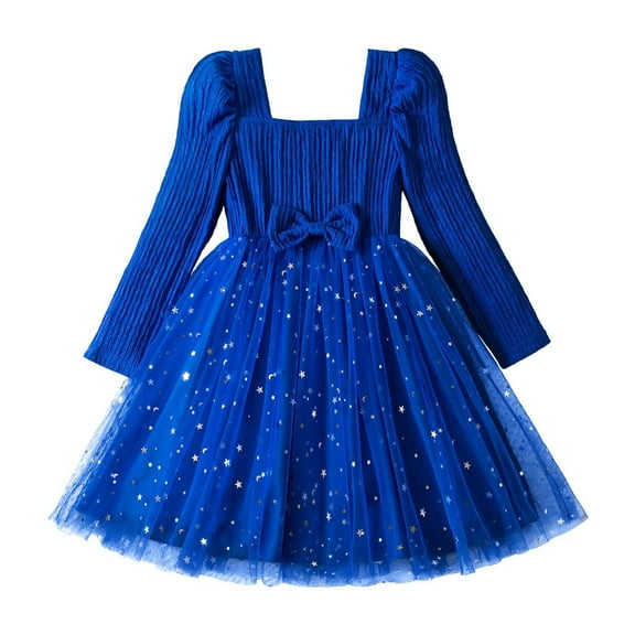 Gaexia Fall Dress Toddler Girl,Girls Long Sleeve Dress With Bow Tie Star Sequins Party Holiday Formal Gown For Toddler Kids Casual Beach School Occasion,Blue,4-5 Years