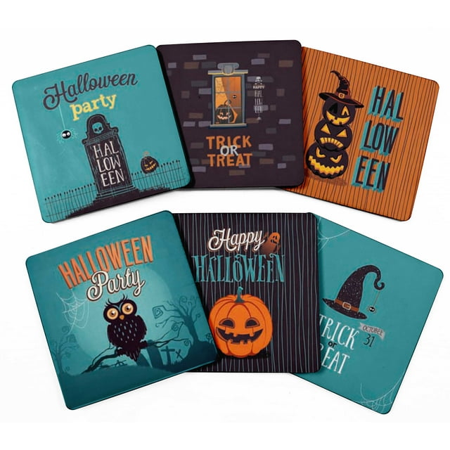 Inkdotpot Set of 6 Drink Coasters Easy Clean 4-inch SquareCoastersCork Base,Reusable,Halloween