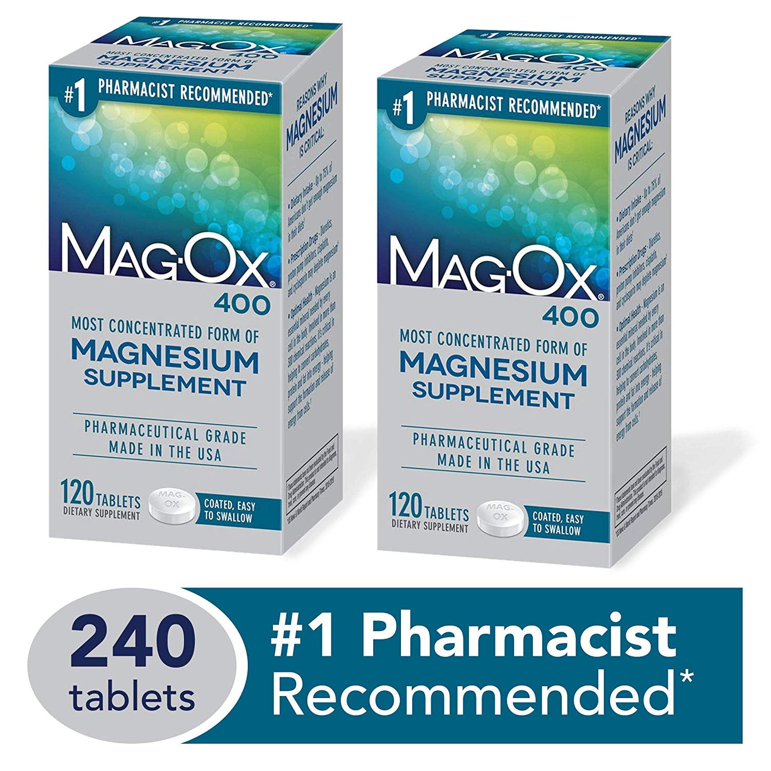 Magnesium Mineral Dietary Supplement Tablets, Magnesium Oxide, 240 Count, Pharmaceutical Grade Mag-Ox 400 - 120 Count (Pack of 2)