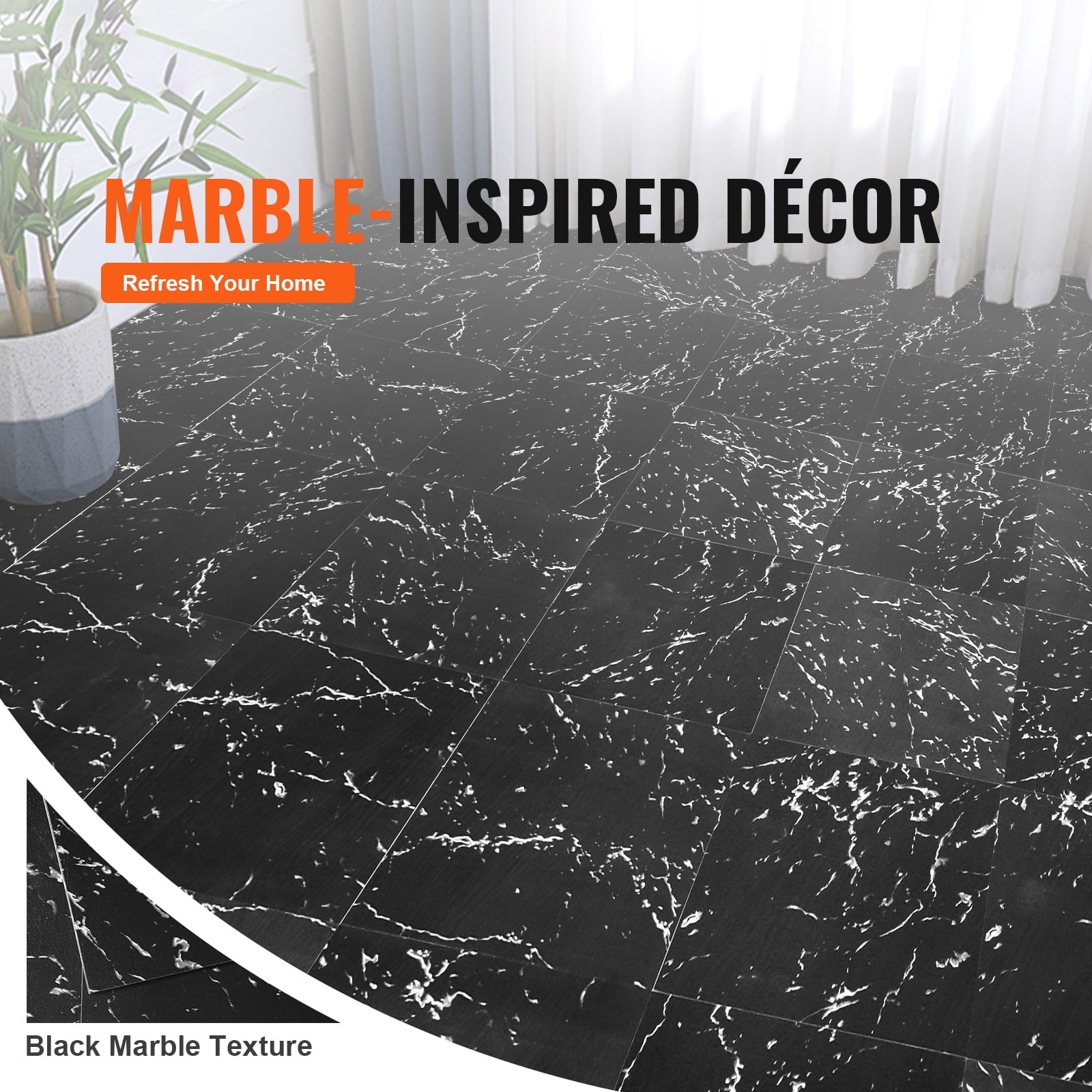 KFFKFF Stick-On Vinyl Floor Tiles, Dimensions 12x12 inches, Pack of 50, 1.5mm Thickness, Black Marble Design, Ideal for DIY Kitchen, Dining Area, Bedroom & Bathroom Flooring