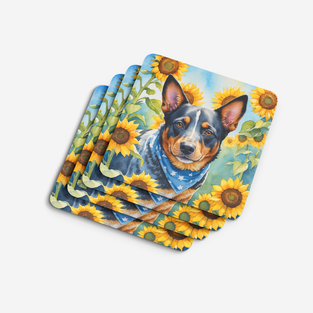 Australian Cattle Dog in Sunflowers Foam Coasters 3.5 in x 3.5 in