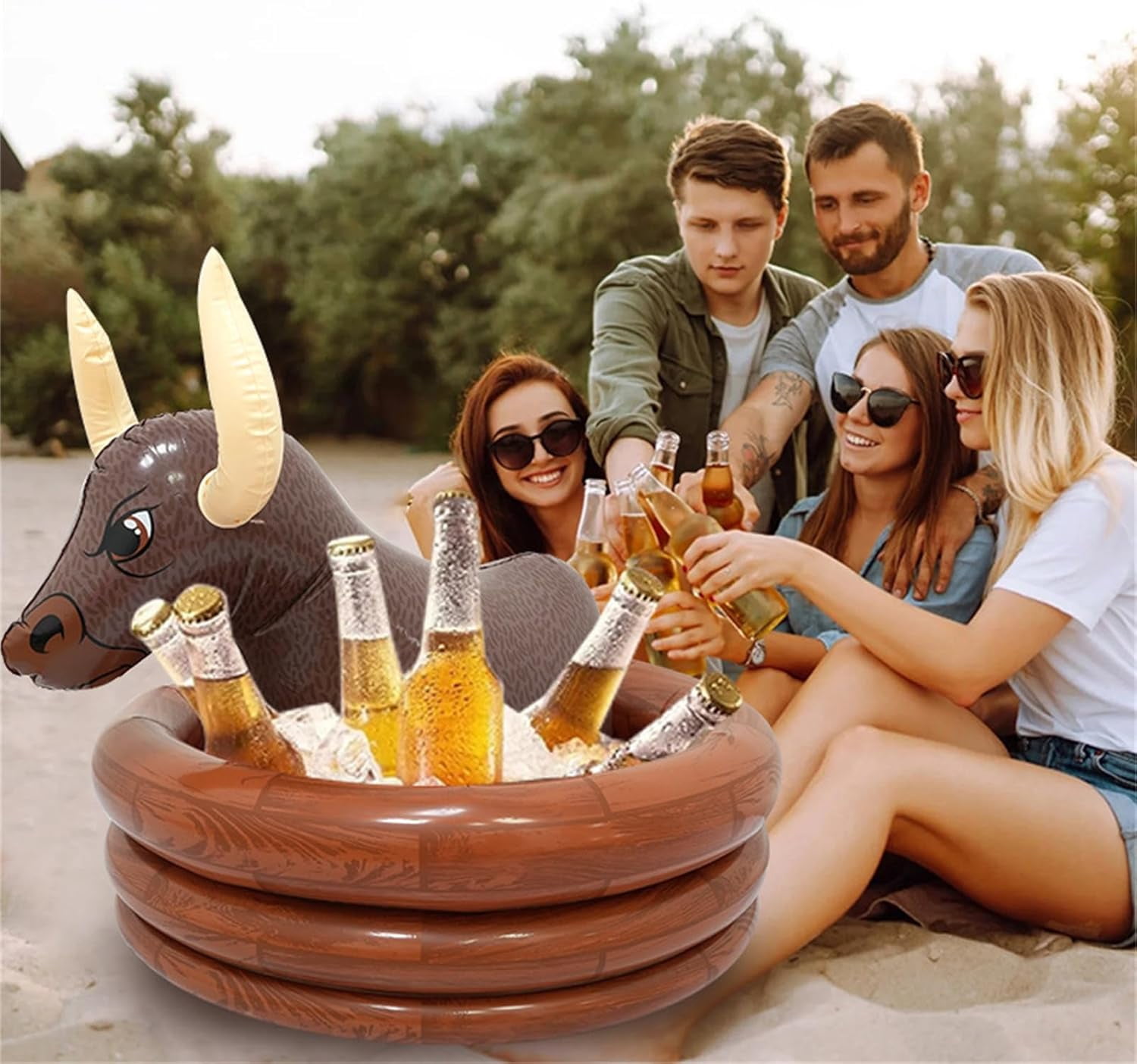 Bull Ice Bucket with Rings Toss,Inflatable Pool Party Cooler,Inflatable Serving Bar Salad Ice Tray Food Drink Containers for Indoor Outdoor BBQ Picnic Pool Party Supplies Luau Cooler