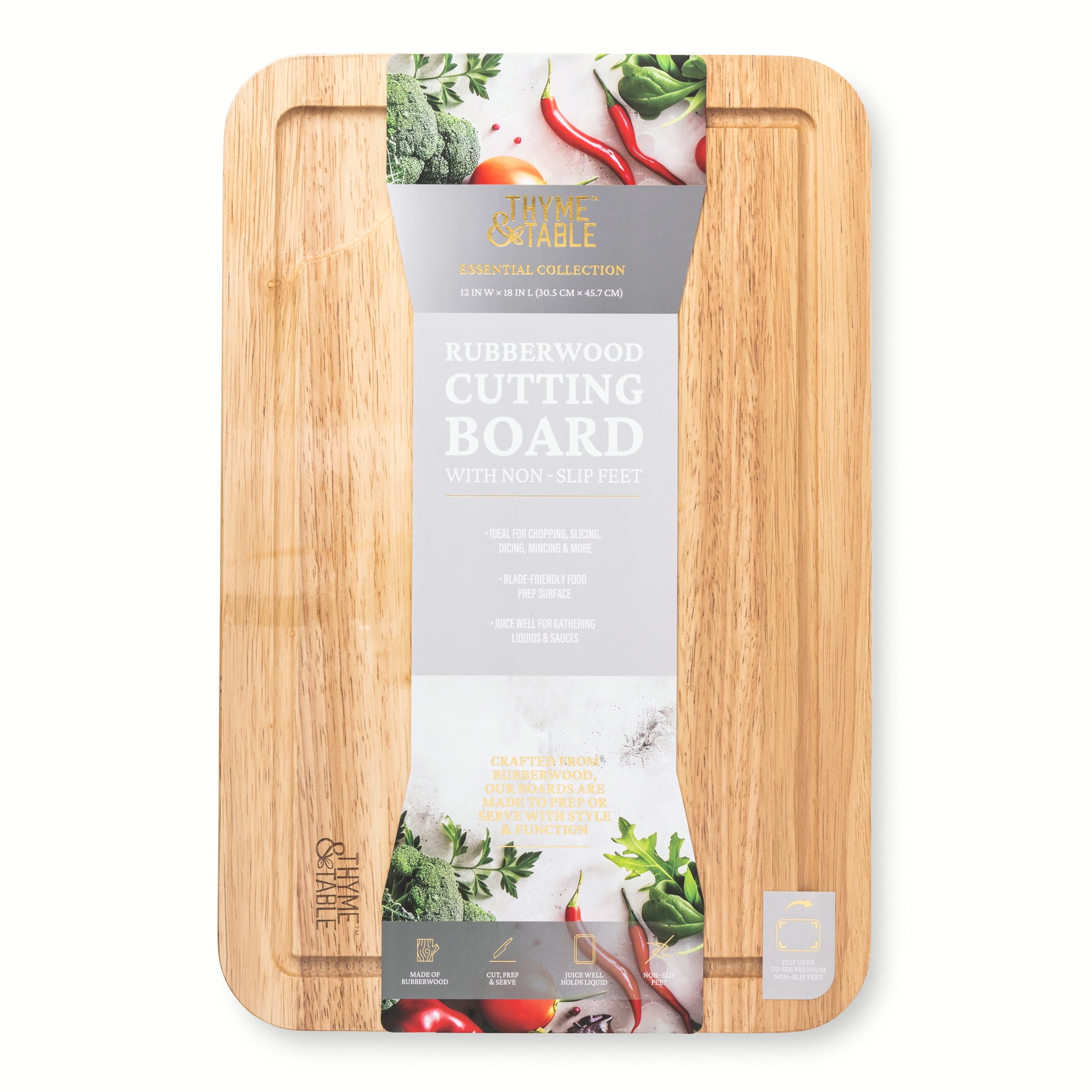 Thyme & Table Large 12" x18" Rubberwood Cutting Board with L-Shaped Anti-Slip Feet