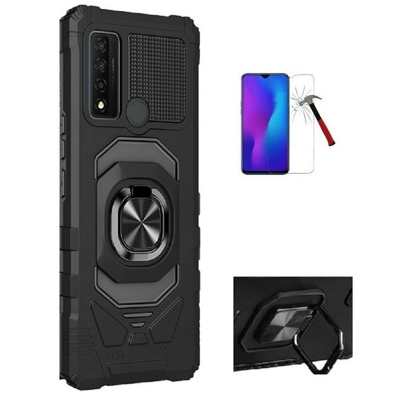 Phone Case for TCL 30 V 5G (Verizon),  Ring Stand Tough Hybrid Case Cover   Tempered Glass (Black)
