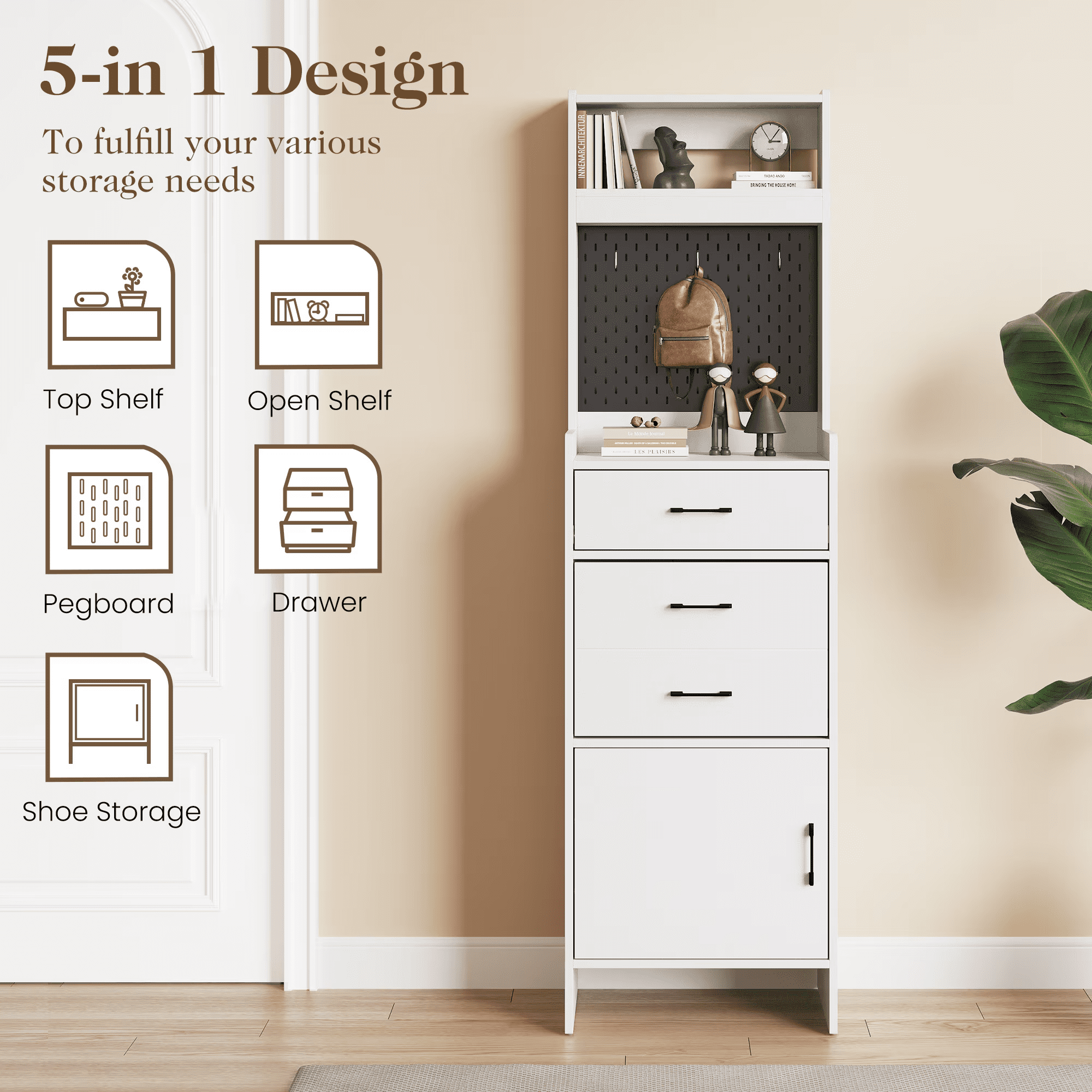 5-in-1 Entryway Shoe Cabinet with Flip Drawer & Pegboard, Wood Shoe Storage Organizer with Adjustable Shelves, Anti-Tip Hall Tree for Foyer Bedroom Utility Room