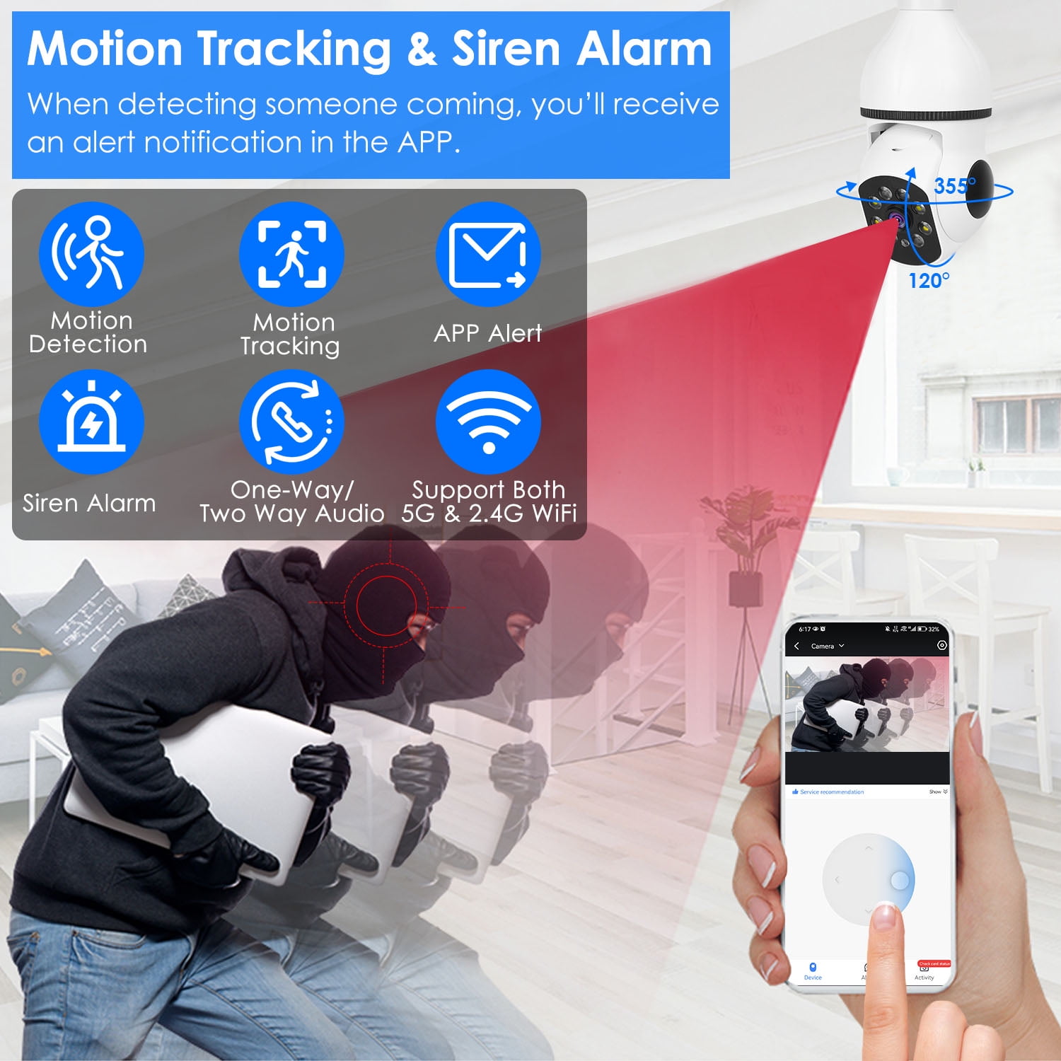 5G/2.4G 360° Wireless 1080p Security Camera Light Bulb Camera w/ Real-time Motion Detection