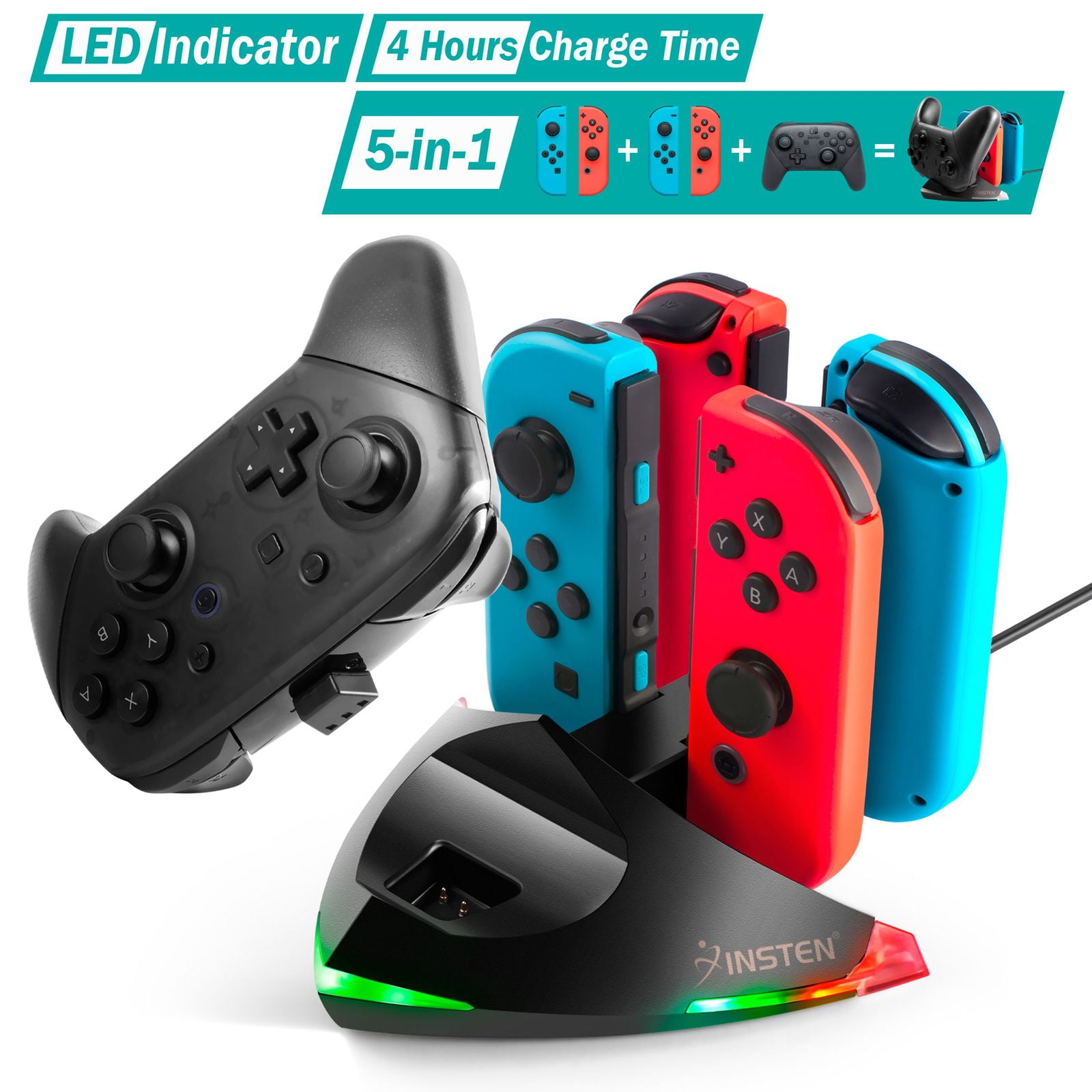 For Nintendo Switch and OLED Model 2021 Joycon and Pro Controllers Charger, 5 in 1 Joy Con Charging Dock with Light and USB Type Charging Cable - Walmart.com