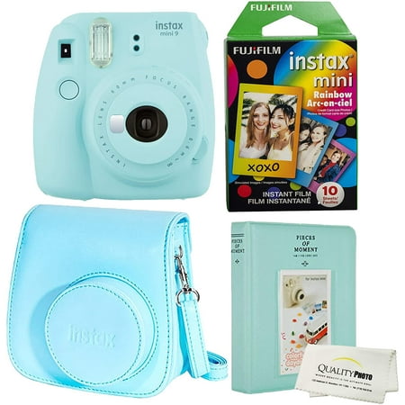 Fujifilm Instax Mini 9 Polaroid Ice Blue Instant Camera Plus Original Fuji Case, Photo Album and Fujifilm Rainbow 10 (Best Instant Camera On The Market)