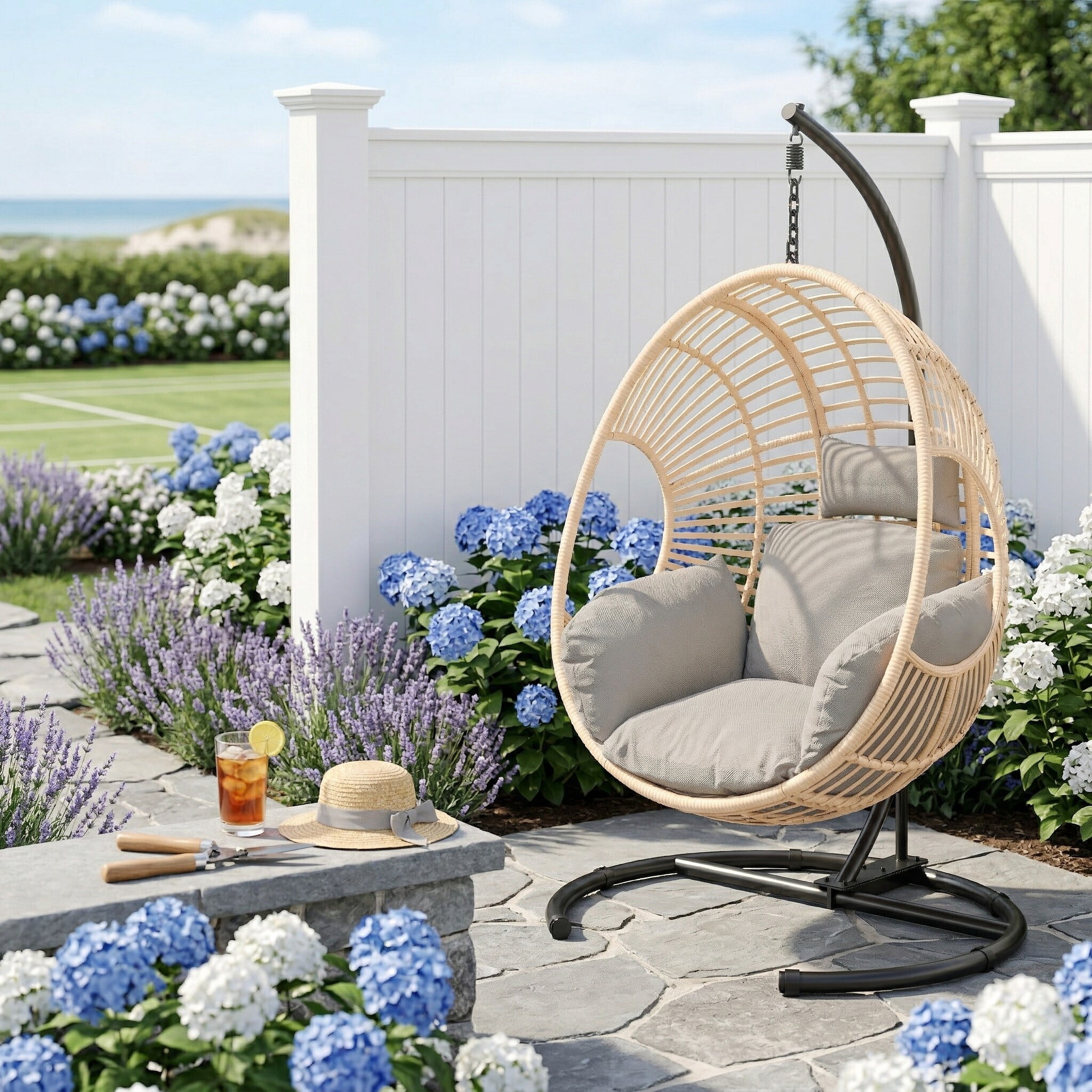 avobird 42" Wide U-Base Hanging Egg Chair, Patio Swing with 8-Inch Cushion Weatherproof PE Rattan & Waterproof Cover, Suitable for use in outdoor gardens and on balconies, Natural