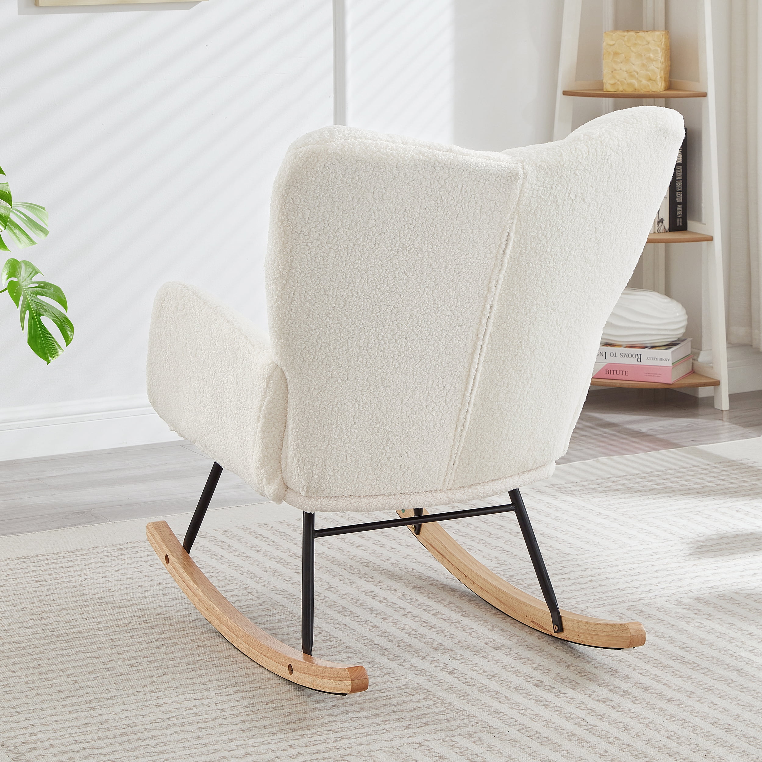 Glider Chair for Living Room Tufted Upholstered Teddy Fabric Rocking Chair with Metal Frame Accent Chair Ivory White