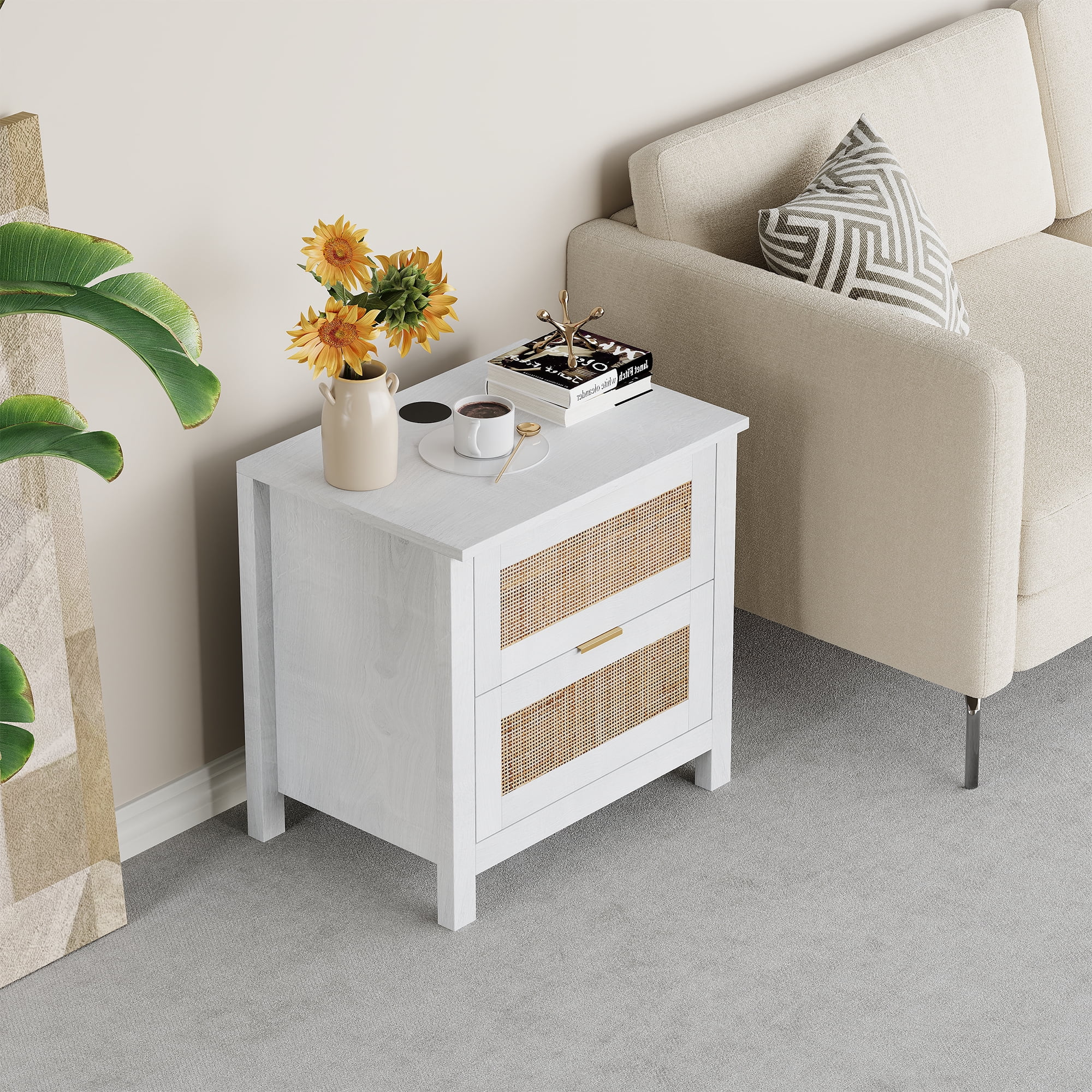 AODAILIHB Accent Bed Side Table, Rattan Night Stands Decor Drawer set of 2, Natural Wood Side Table with Wireless Charging Station, White