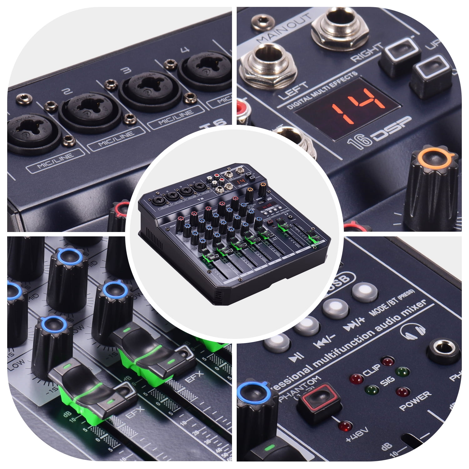 Mixing Console, Bt Mp3 Dj Network Live Built-in 16 48v Function 5v Portable 6-channel Sound 6-channel Sound Console 16 48v Mp3 Player Function Player Function 5v Eryue Wotao