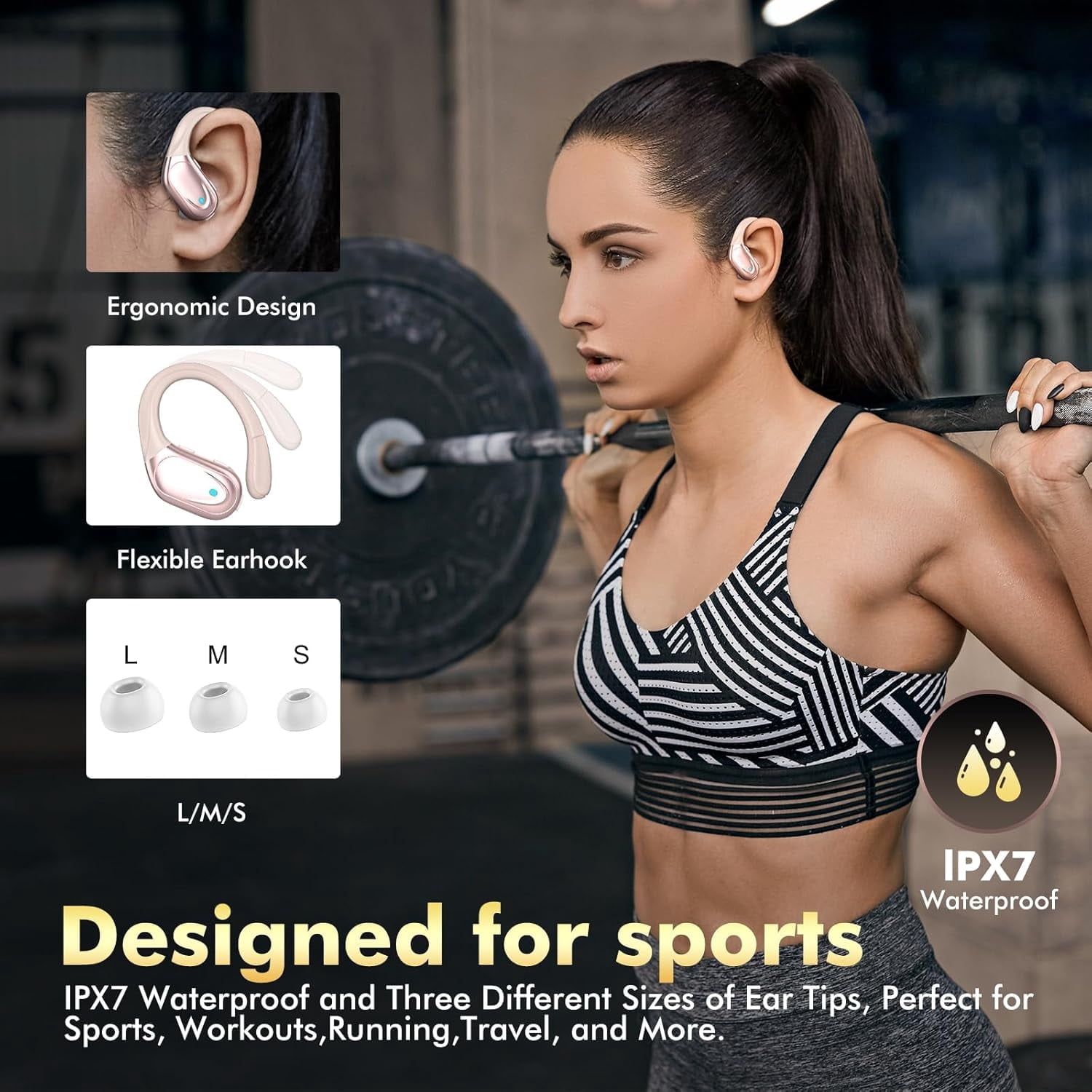 Bluetooth 5.4 Sports Headphones 80Hrs Playtime Wireless Earbuds with LED Power Display IPX7 Waterproof Earphones for Workout/Running Noise Canceling Headset Ear Buds