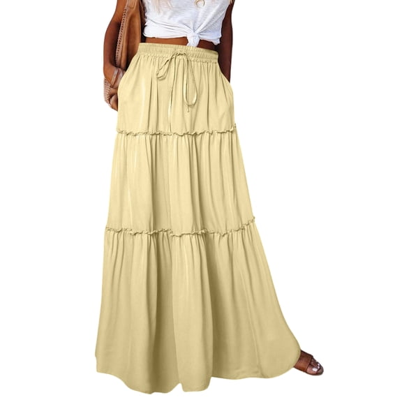 Bbyeadc Skirts for Women Swing Tiered Drawstring Skirt Maxi A Line Patchwork Elegant Skirts for Casual,Yellow (L)