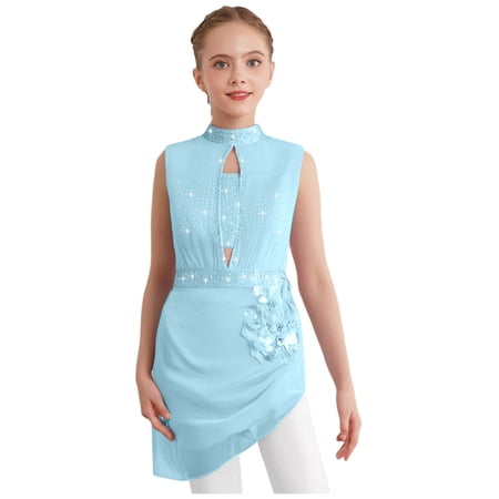 SiiRoh Girls Elegant Lyrical Dance Dress Sparkly Sleeveless Cutout Backless Mesh Overlay Dancewear Light Blue 16