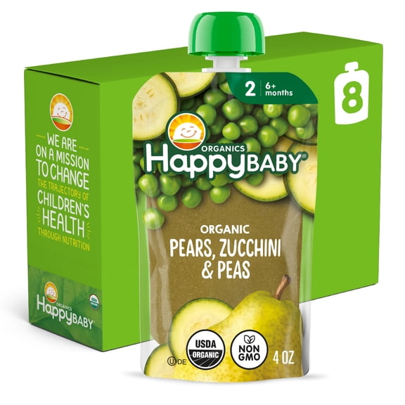 Happy Baby Clearly Crafted, Stage 2 Organic Baby Food, Pears Zucchini & Peas Pouches, 4 oz. (8 pack) Pouches, Pouches, 4 oz. (8 pack)