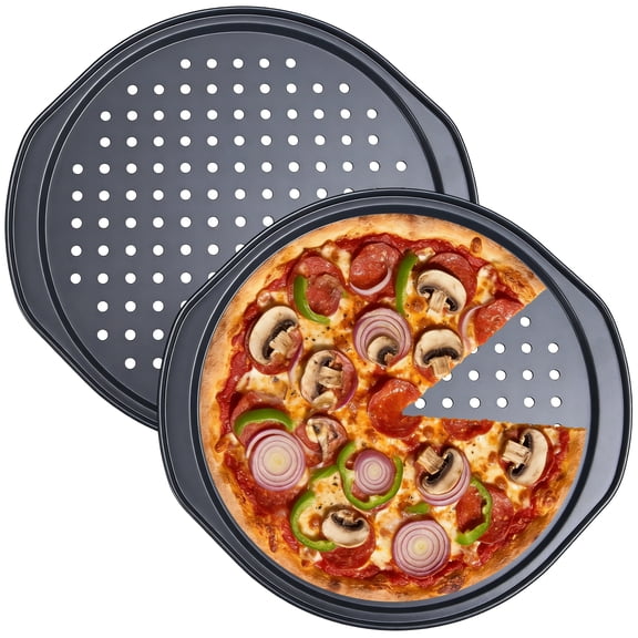 Aovky Pizza Pan 2 Pack, 14 Inch Round Carbon Steel Pizza Trays with Perforated Holes and Wider Handles, Non-Stick Pizza Baking Sheet for Cooking, Grilling, Oven and Dishwasher Safe