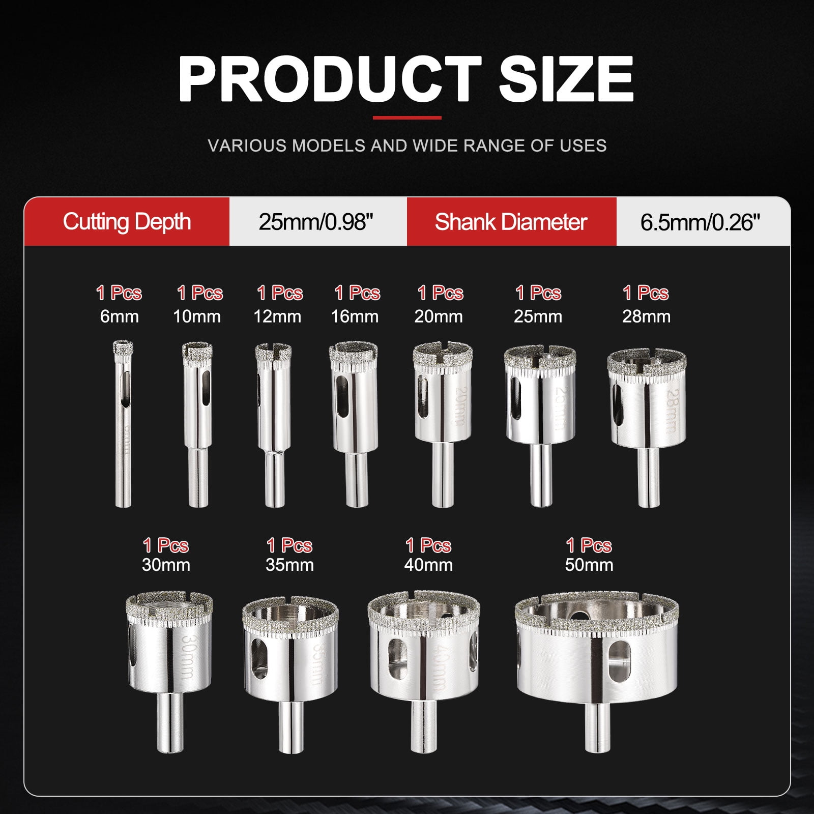 6-50mm Diamond Hole Saw Set, 15/64" - 2" Diamond Hollow Core Drill Bit Hole Cutters for Fiberglass Tile Ceramic - 11Pcs(50/60 Mesh)