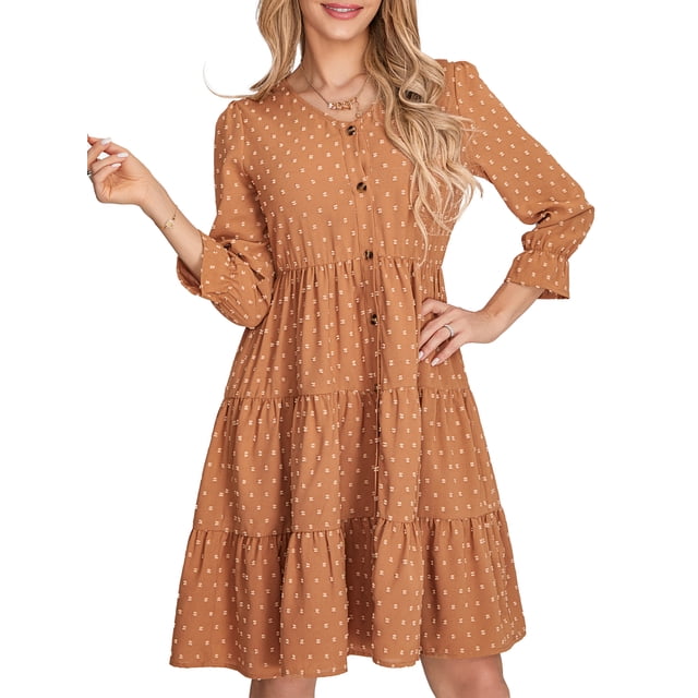 Gupgi Robe Tunique d'Été pour Femmes à Pois Manches Longues Col en V Décontractée Ample