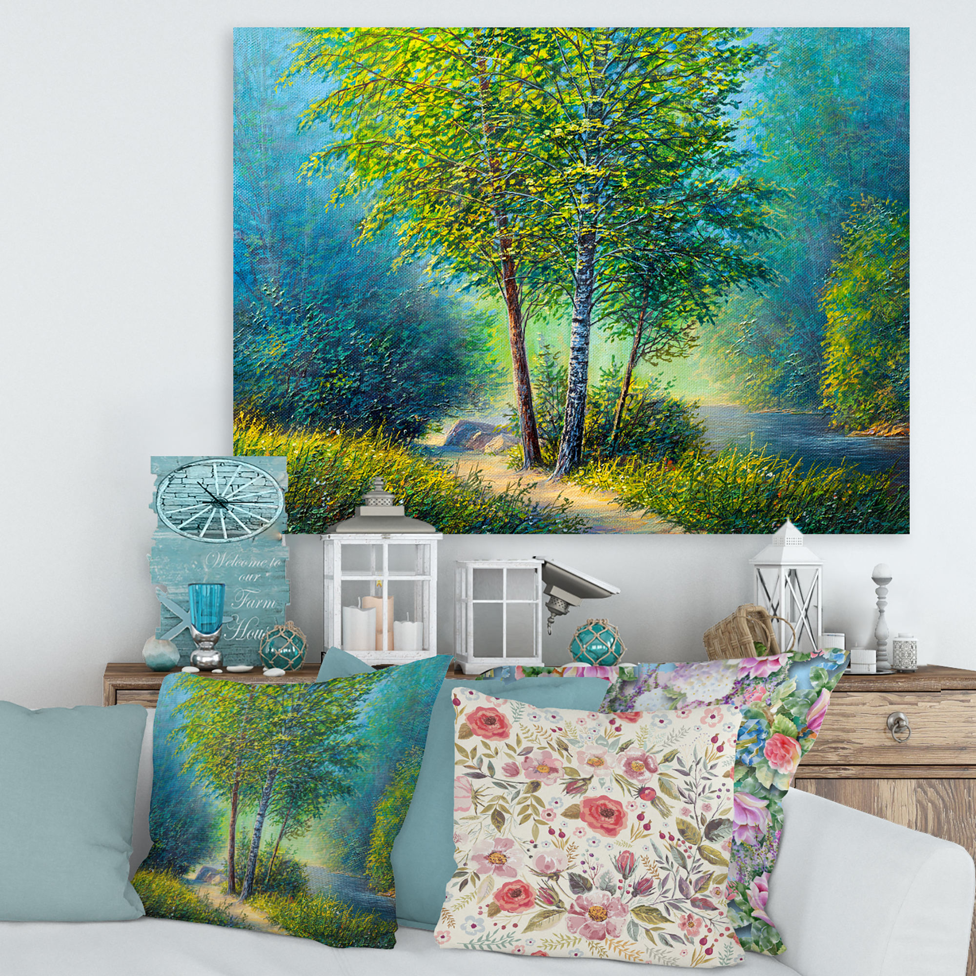 Designart ' Three Vibrant Green Trees By The River ' Lake House Canvas Wall Art Print