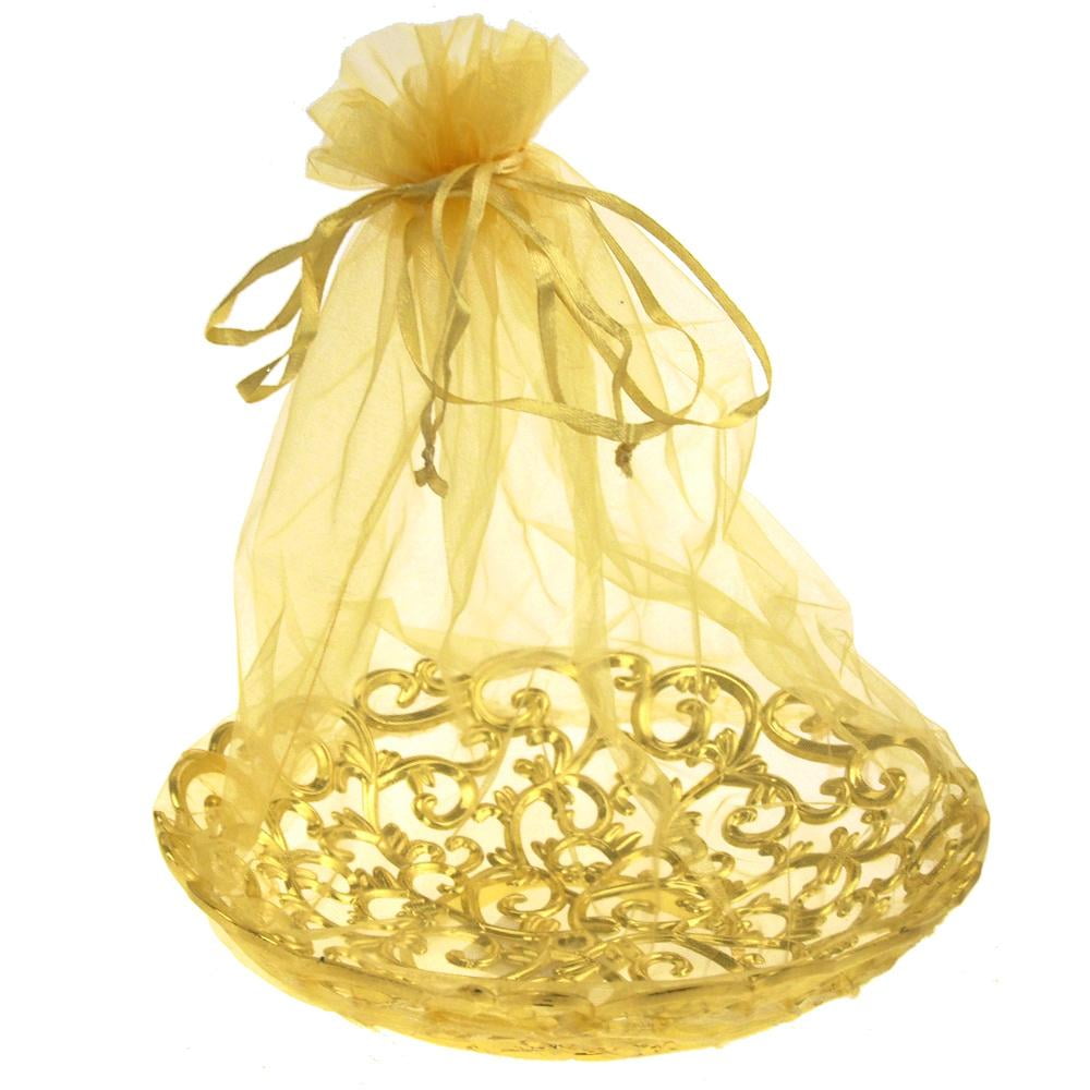 Organza Wrap Basket with Plastic Swirl Tray, 8Inch, Gold